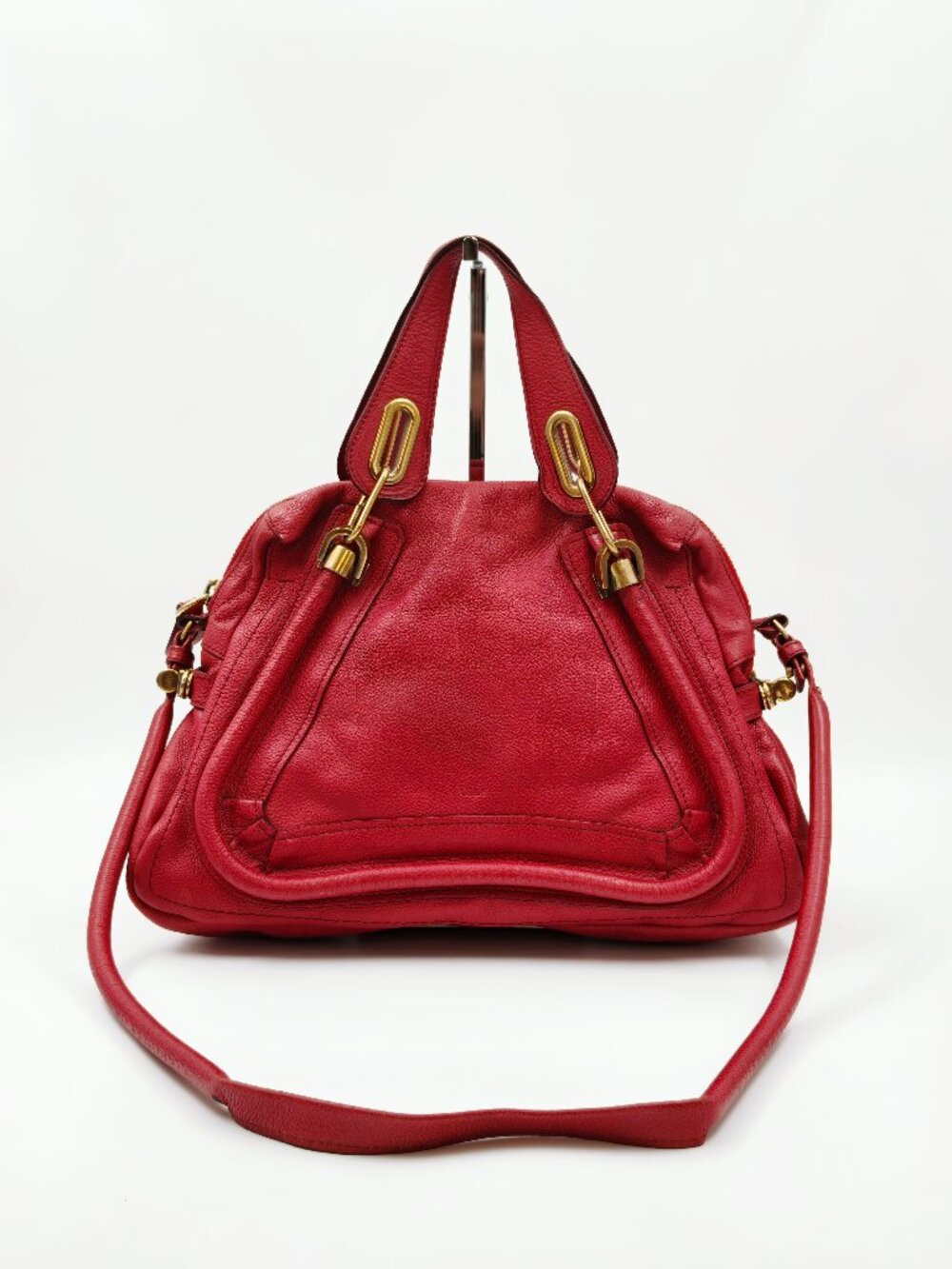 Chloe Paraty Red Leather Satchel Shoulder Bag Gold Hardware Top Handle Large